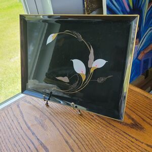 VTG Black Lacquerware Serving Tray Gold Metalic Japan Otagiri Calla Lily 10.5x14